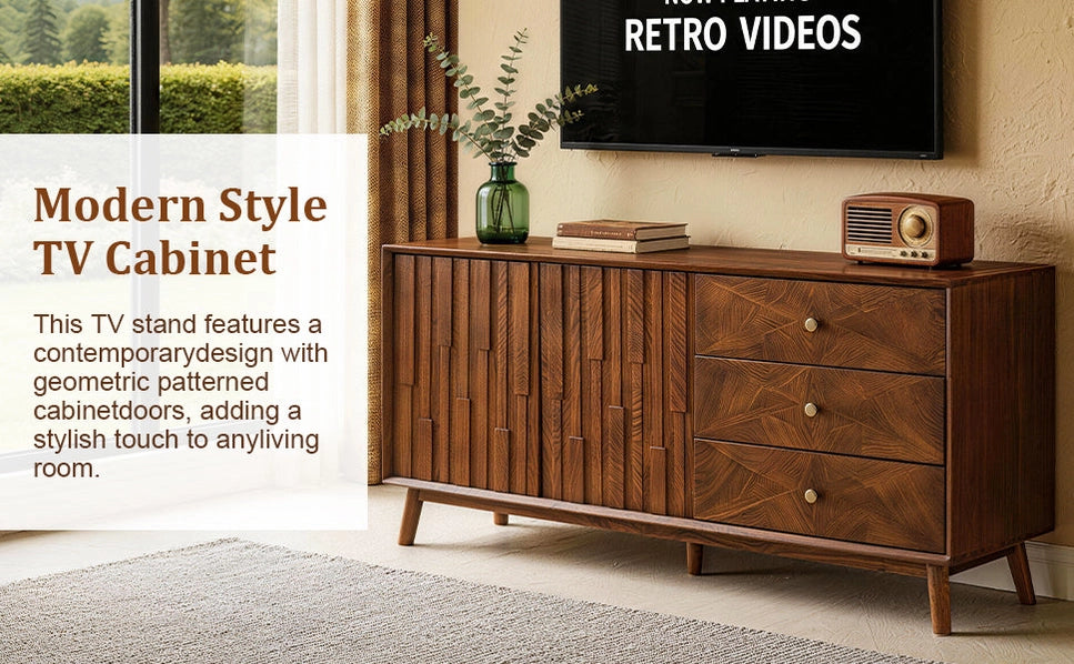 56 Inch Mid Century Modern TV Stand with Storage, Walnut Entertainment Center with 3 Drawers & 2 Doors for Living Room