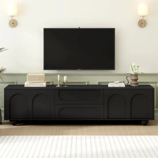 Modern Black TV Cabinet with Arched Doors, 2 Drawers & Iron Legs, Fits TVs Up to 75"