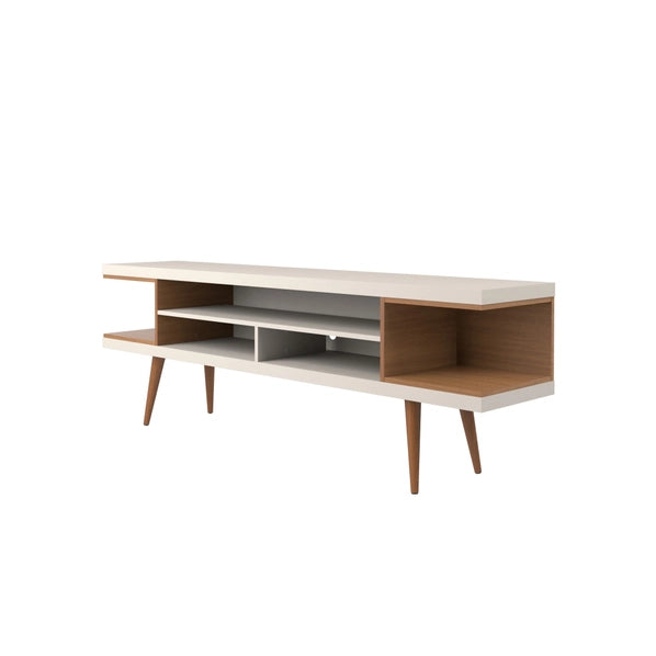 70” Entertainment Console Table – Off White Gloss TV Stand with Open Shelving
