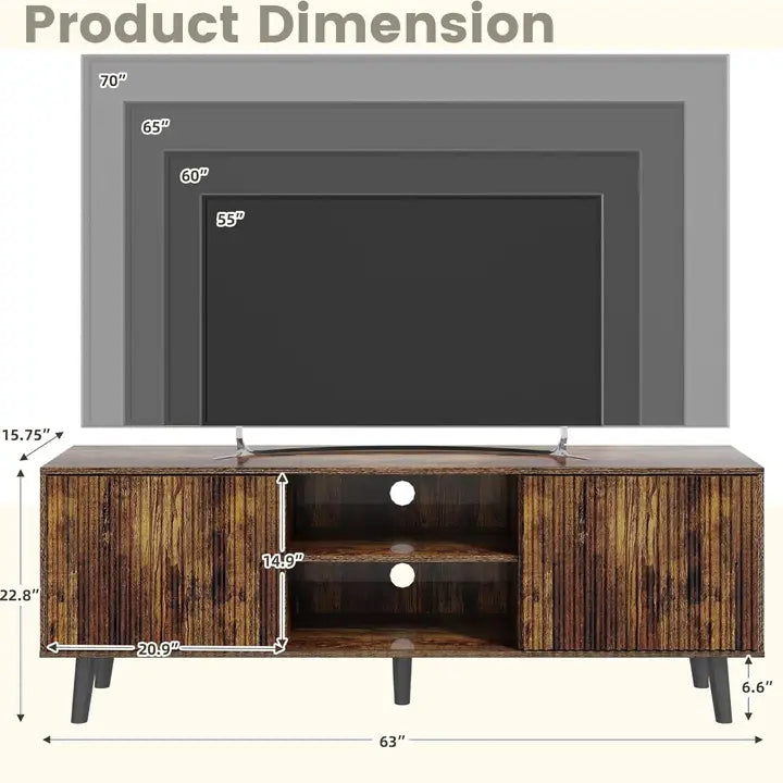 63" Brown Fluted TV Stand w/ Hidden Storage for Up to 70" TV