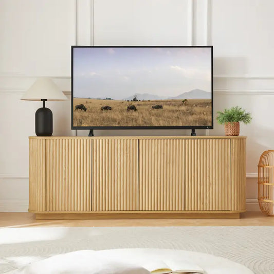 64" Natural Wave TV Stand – Natural Wood Curved Design with Storage