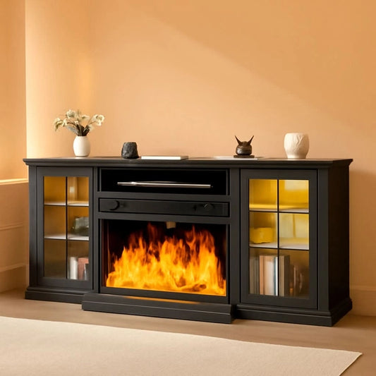 80 Inch Black Fireplace TV Stand with 3-Sided Glass Electric Fireplace & Storage