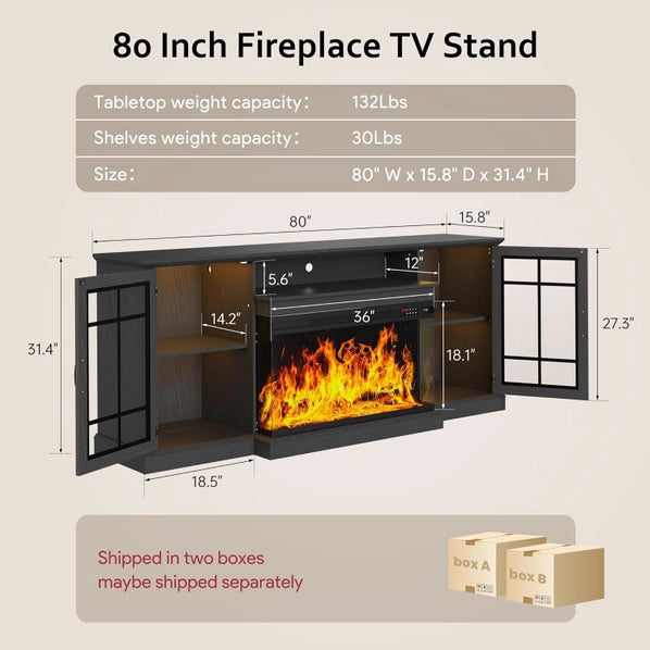 80 Inch Black Fireplace TV Stand with 3-Sided Glass Electric Fireplace & Storage