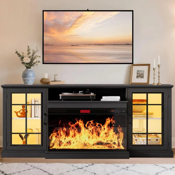 80 Inch Black Fireplace TV Stand with 3-Sided Glass Electric Fireplace & Storage