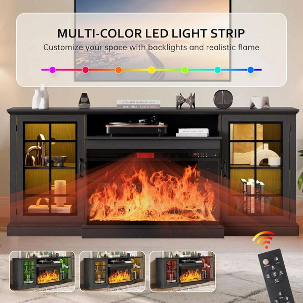 80 Inch Black Fireplace TV Stand with 3-Sided Glass Electric Fireplace & Storage