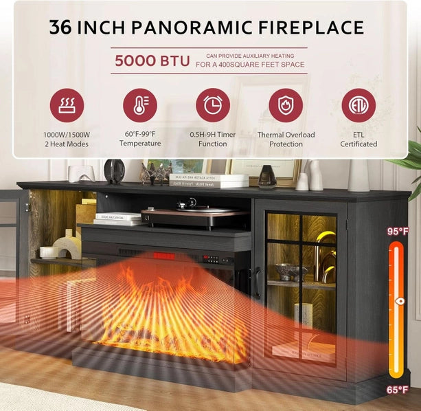80 Inch Black Fireplace TV Stand with 3-Sided Glass Electric Fireplace & Storage