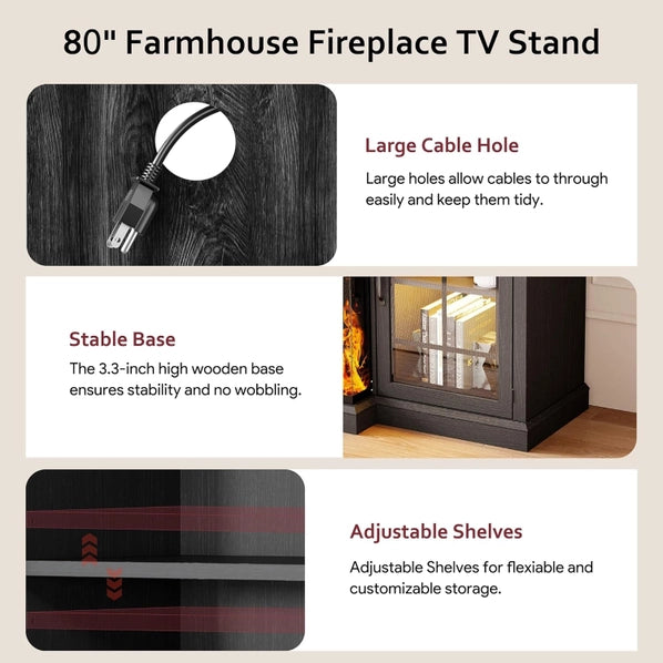 80 Inch Black Fireplace TV Stand with 3-Sided Glass Electric Fireplace & Storage