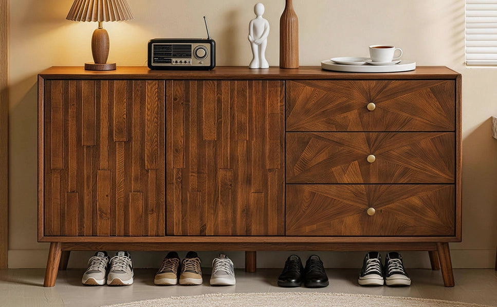 56 Inch Mid Century Modern TV Stand with Storage, Walnut Entertainment Center with 3 Drawers & 2 Doors for Living Room