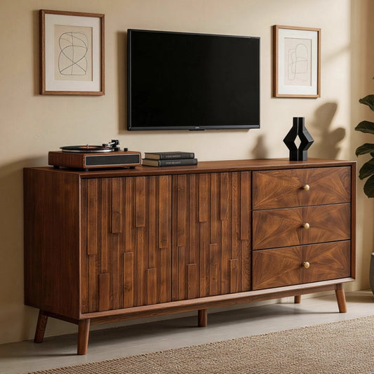 56 Inch Mid Century Modern TV Stand with Storage, Walnut Entertainment Center with 3 Drawers & 2 Doors for Living Room