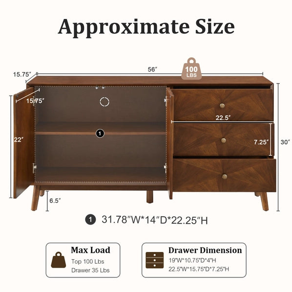 56 Inch Mid Century Modern TV Stand with Storage, Walnut Entertainment Center with 3 Drawers & 2 Doors for Living Room