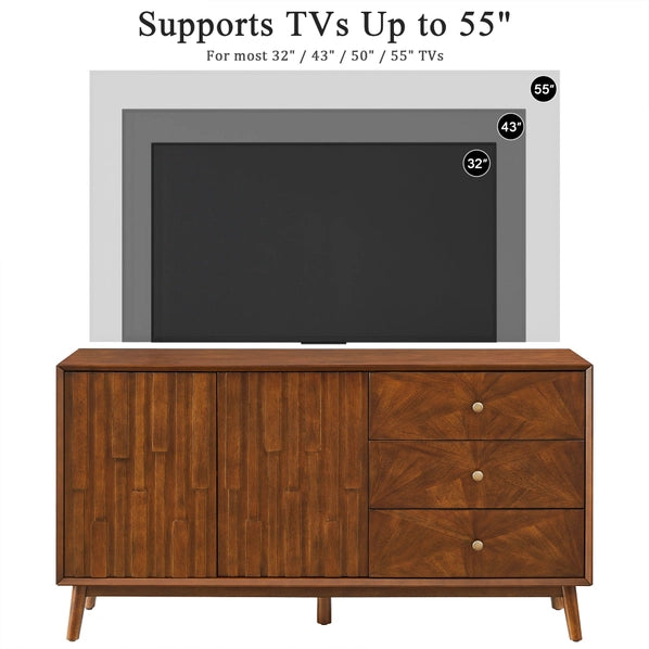 56 Inch Mid Century Modern TV Stand with Storage, Walnut Entertainment Center with 3 Drawers & 2 Doors for Living Room