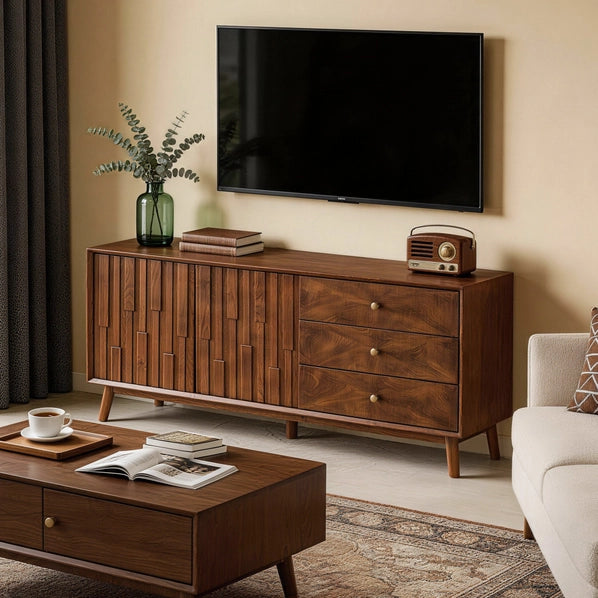 56 Inch Mid Century Modern TV Stand with Storage, Walnut Entertainment Center with 3 Drawers & 2 Doors for Living Room