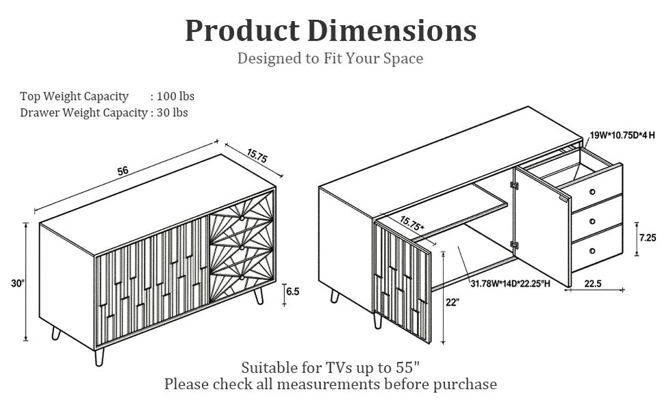 56 Inch Mid Century Modern TV Stand with Storage, Walnut Entertainment Center with 3 Drawers & 2 Doors for Living Room
