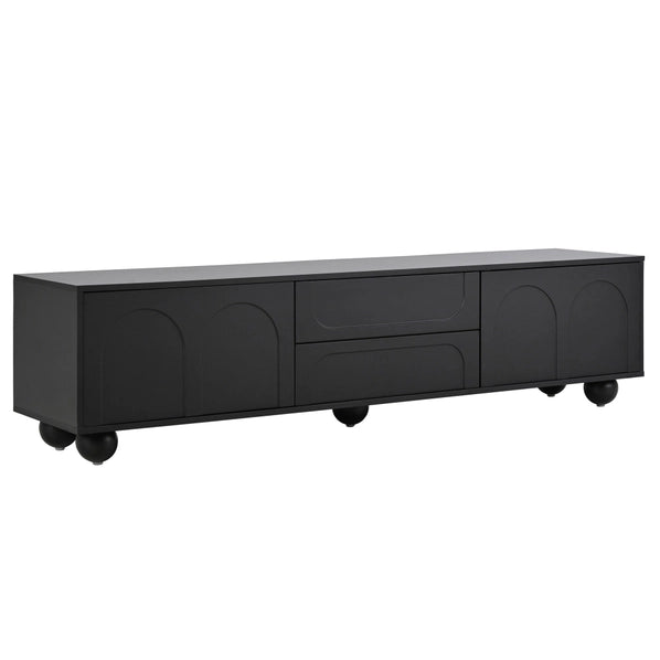 Modern Black TV Cabinet with Arched Doors, 2 Drawers & Iron Legs, Fits TVs Up to 75"