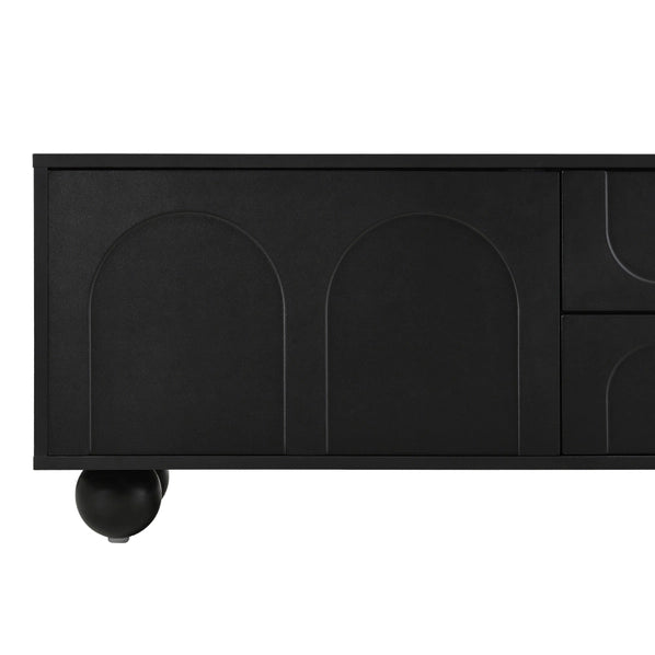 Modern Black TV Cabinet with Arched Doors, 2 Drawers & Iron Legs, Fits TVs Up to 75"