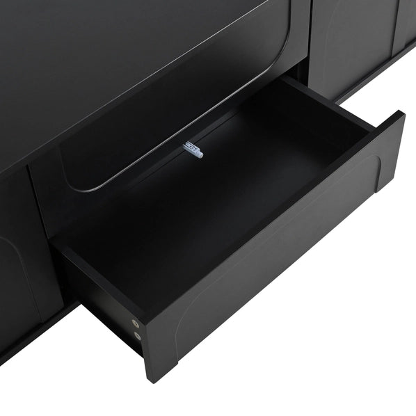 Modern Black TV Cabinet with Arched Doors, 2 Drawers & Iron Legs, Fits TVs Up to 75"