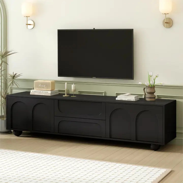 Modern Black TV Cabinet with Arched Doors, 2 Drawers & Iron Legs, Fits TVs Up to 75"