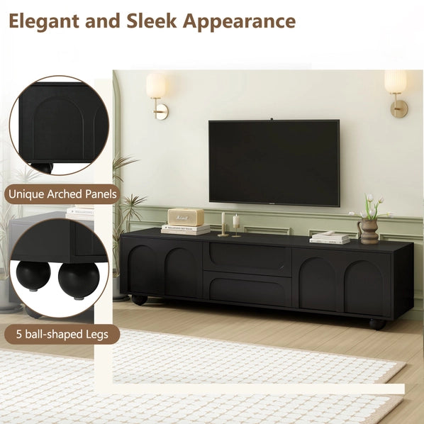 Modern Black TV Cabinet with Arched Doors, 2 Drawers & Iron Legs, Fits TVs Up to 75"
