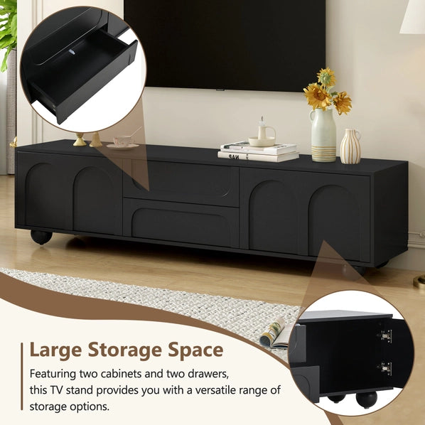 Modern Black TV Cabinet with Arched Doors, 2 Drawers & Iron Legs, Fits TVs Up to 75"