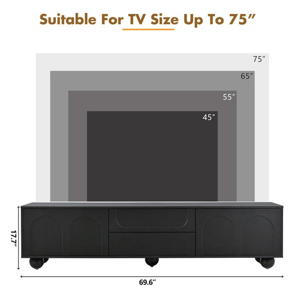 Modern Black TV Cabinet with Arched Doors, 2 Drawers & Iron Legs, Fits TVs Up to 75"