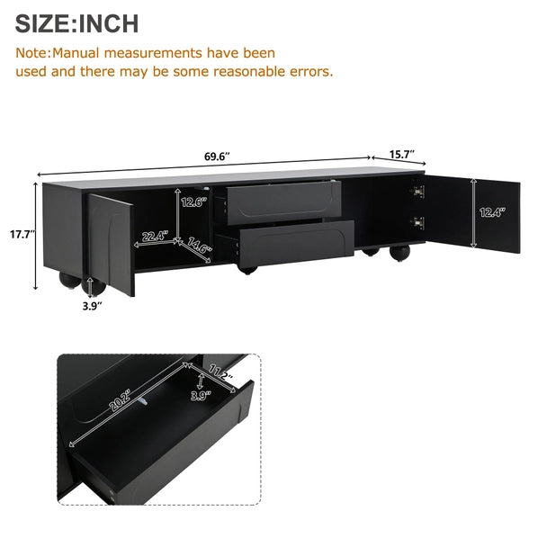 Modern Black TV Cabinet with Arched Doors, 2 Drawers & Iron Legs, Fits TVs Up to 75"