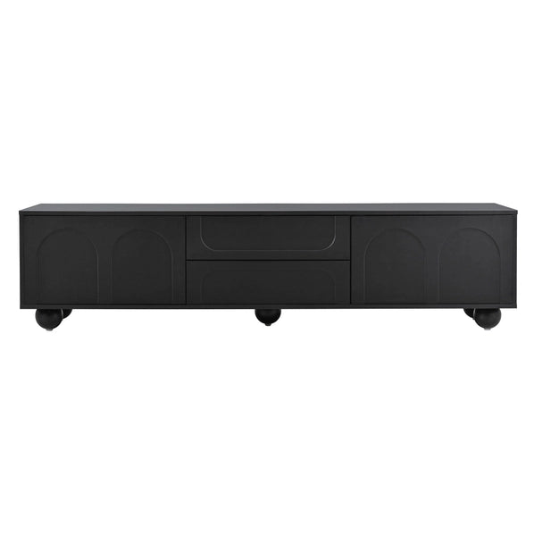 Modern Black TV Cabinet with Arched Doors, 2 Drawers & Iron Legs, Fits TVs Up to 75"