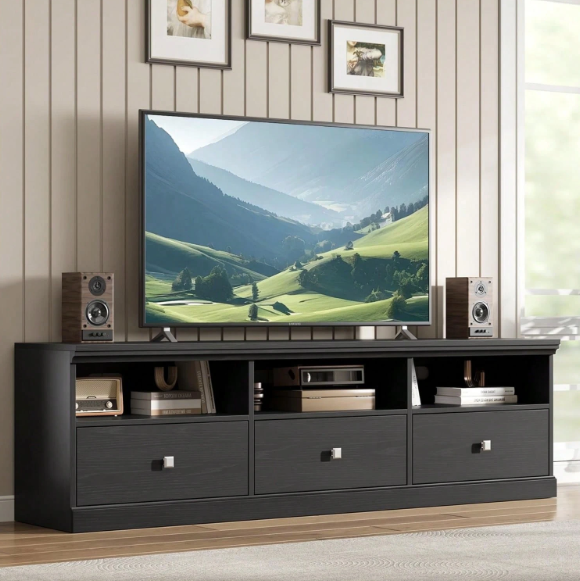 75 Inch Walnut TV Cabinet with Open Shelves, Modern Media Console with Storage Drawer