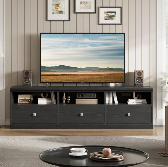 75 Inch Walnut TV Cabinet with Open Shelves, Modern Media Console with Storage Drawer