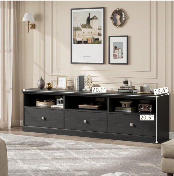 75 Inch Walnut TV Cabinet with Open Shelves, Modern Media Console with Storage Drawer
