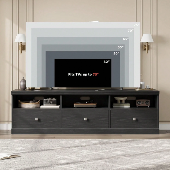 75 Inch Walnut TV Cabinet with Open Shelves, Modern Media Console with Storage Drawer