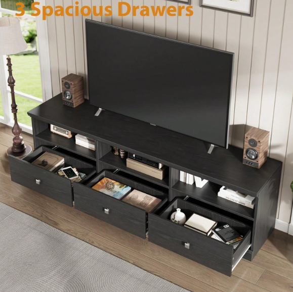 75 Inch Walnut TV Cabinet with Open Shelves, Modern Media Console with Storage Drawer