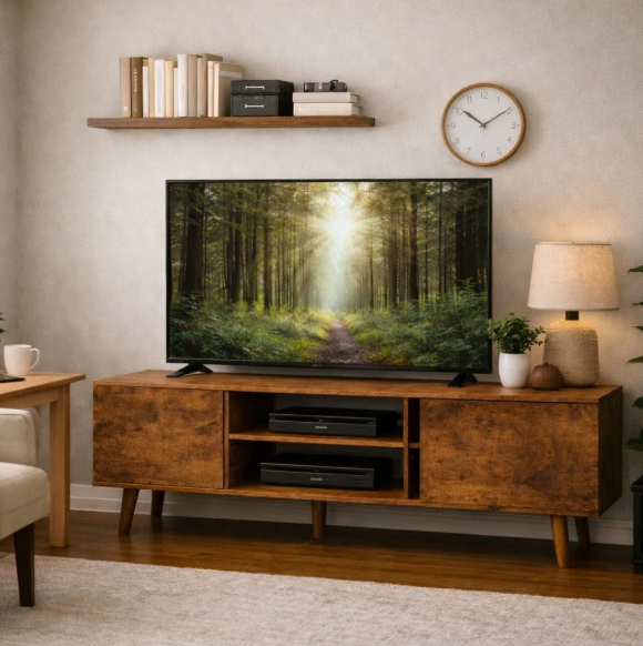 53 Inch Rustic Wood TV Stand with Open Shelves & Storage Cabinet, TV Console for Living Room & Bedroom