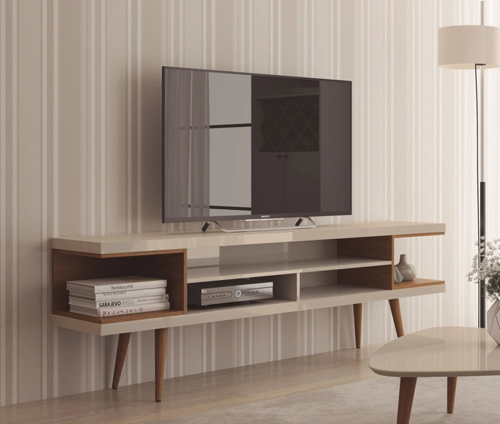 70” Entertainment Console Table – Off White Gloss TV Stand with Open Shelving