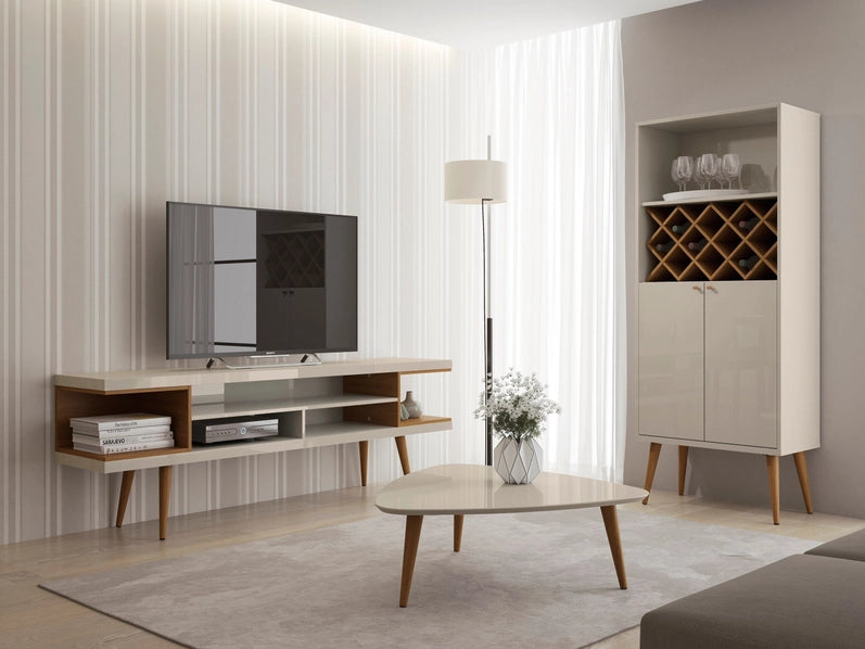 70” Entertainment Console Table – Off White Gloss TV Stand with Open Shelving