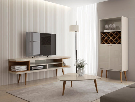 70” Entertainment Console Table – Off White Gloss TV Stand with Open Shelving