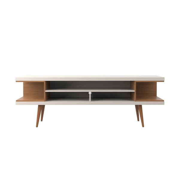 70” Entertainment Console Table – Off White Gloss TV Stand with Open Shelving