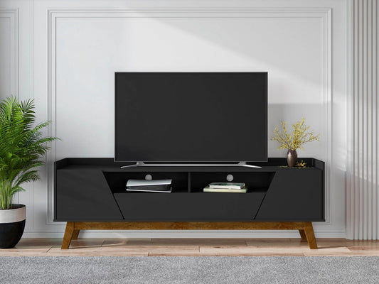 Malmo Modern TV Stand for 70 Inch TVs, 2 Door Media Console with Drawer, Black/Brown