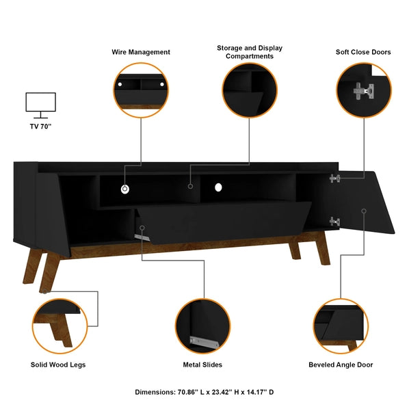 Malmo Modern TV Stand for 70 Inch TVs, 2 Door Media Console with Drawer, Black/Brown