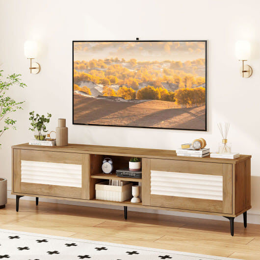TV Stand for TVs Up to 70 Inch, Oak Wave Fluted Entertainment Center with Storage Cabinets, Modern Wood Media Console for Living Room