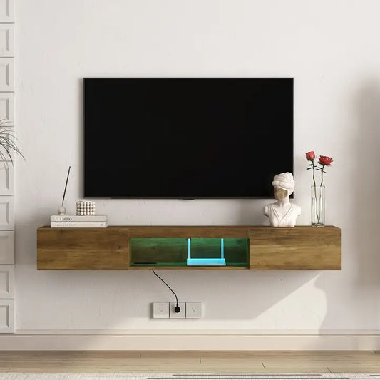 Floating TV Stand with LED Lights & Power Outlet – Wall Mounted Shelf for 60–69" TVs, Brown Wood MDF