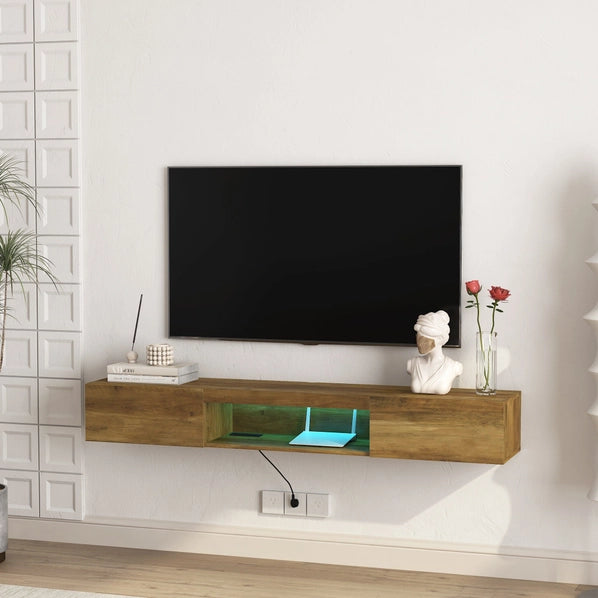 Floating TV Stand with LED Lights & Power Outlet – Wall Mounted Shelf for 60–69" TVs, Brown Wood MDF