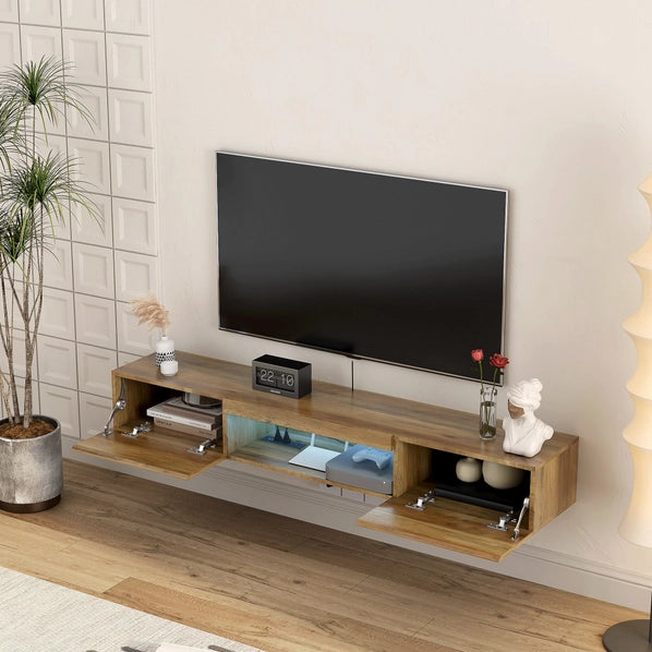 Floating TV Stand with LED Lights & Power Outlet – Wall Mounted Shelf for 60–69" TVs, Brown Wood MDF