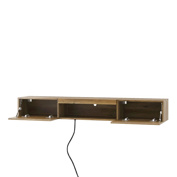 Floating TV Stand with LED Lights & Power Outlet – Wall Mounted Shelf for 60–69" TVs, Brown Wood MDF