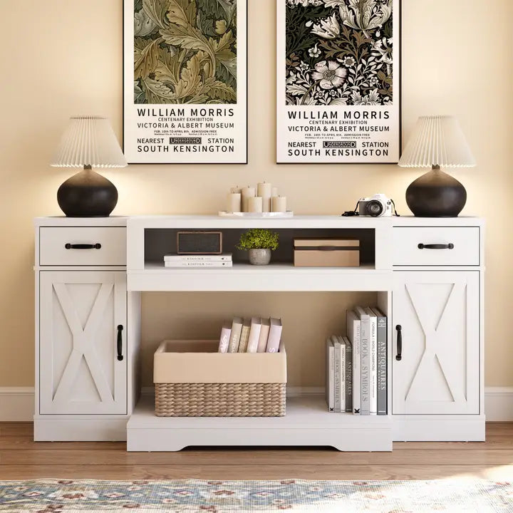 Rustic Farmhouse TV Console for 75 Inch TVs, Wood Media Stand with Storage Cabinets