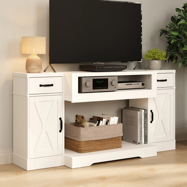Rustic Farmhouse TV Console for 75 Inch TVs, Wood Media Stand with Storage Cabinets