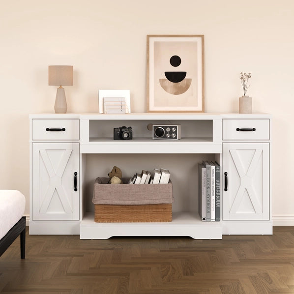 Rustic Farmhouse TV Console for 75 Inch TVs, Wood Media Stand with Storage Cabinets