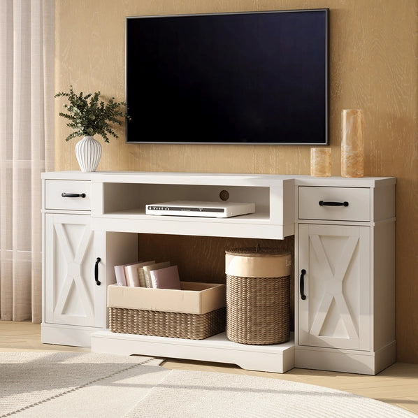 Rustic Farmhouse TV Console for 75 Inch TVs, Wood Media Stand with Storage Cabinets