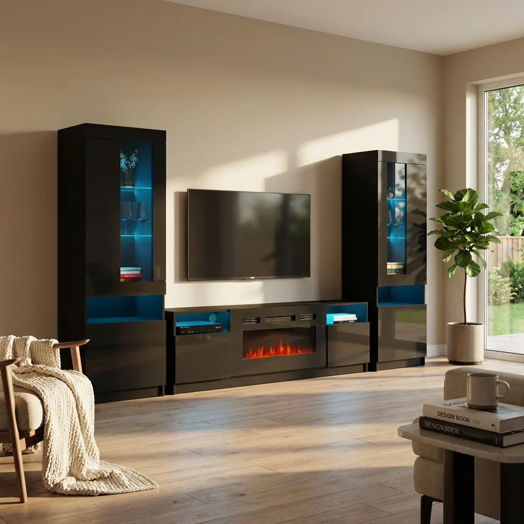 York 02 Electric Fireplace TV Stand, Modern Floating Media Console, Wall Mounted Entertainment Center
