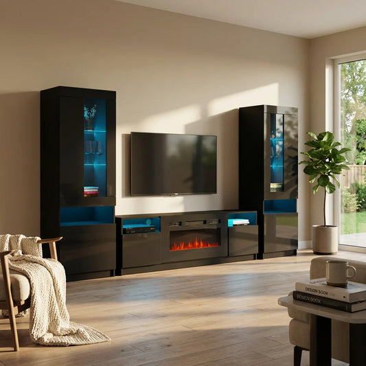 York 02 Electric Fireplace TV Stand, Modern Floating Media Console, Wall Mounted Entertainment Center