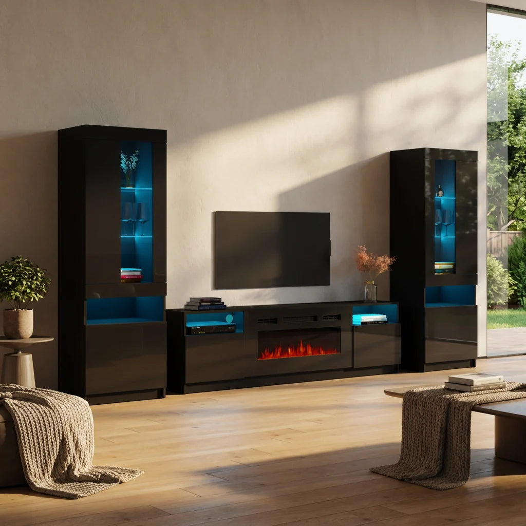 York 02 Electric Fireplace TV Stand, Modern Floating Media Console, Wall Mounted Entertainment Center